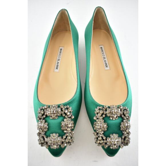 Manolo Blahnik Hangisi Emerald Green Satin Jewel Buckle Ballerina Ballet Flat 36 - Picture 5 of 12